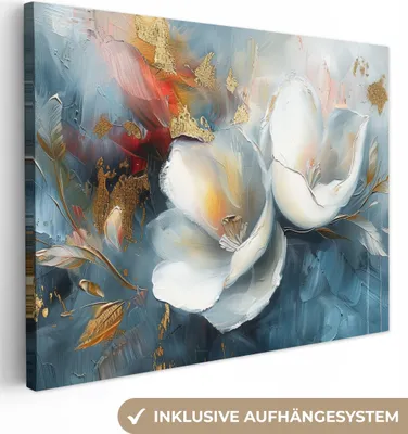 Zdjęcie produktu dla MuchoWow® - Obraz na płótnie - Kwiaty - Biały - Złoty - Sztuka - Abstrakcja, fototapeta, dekoracja ścienna obrazy salon, 120x90cm
