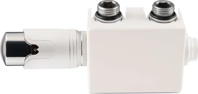 A white radiator valve and thermostat head on a white background.