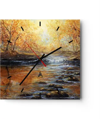 Produktbild von Wanduhr - Quadrat - Glasuhr - Bach Park Baum - 40x40cm - Schleichendes Uhrwerk - Lautlos - zum Aufhängen bereit - Dekoration Modern - Wanddekoration aus Glas - C3AC40x40-3973