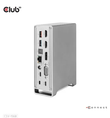 Produktbild von CLUB3D Universal Docking station Metal casing 1x USB Gen2 Type-C (data) 2x USB Gen2 Type-A Female 1x USB Gen1 Type-A Female 1x USB Type-A (RED) Smart Charging port 5V/2.4A Max. - 2x HDMI™ (DP Alt Mode) 1x DP™ (DP Alt Mode) hdr 1x VGA 1x RJ45+ 120 Watt, Andocken, USB 3.2 Gen 2 (3.1 Gen 2) Type-C, 100 W, 3,5 mm, 1.4/2.2, Metallisch