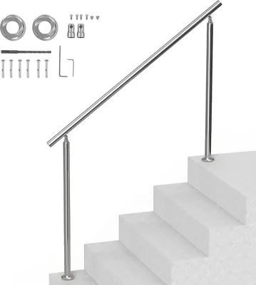 A stainless steel handrail set for outdoor stairs, shown with its accessories on a white background.