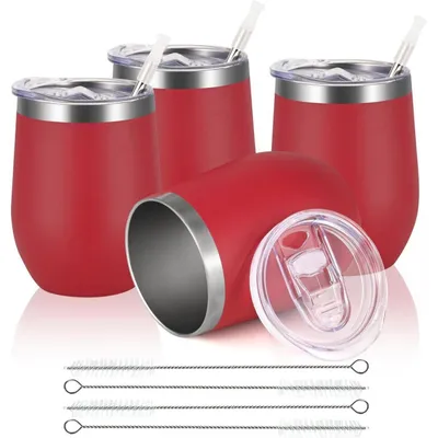 Image de Verres à vin en acier inoxydable, sans pied, avec couvercle, lot de 4, capacité de 12 oz, à double paroi, isolés sous vide