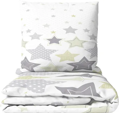 A stack of folded bedding with a star pattern.