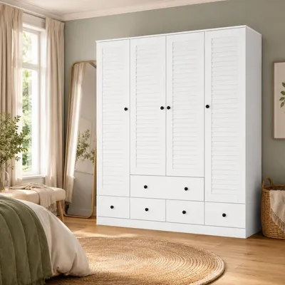 Image de Armoire blanche de 150x50x180 cm en MDF, avec 4 portes, 5 tiroirs et une barre de penderie