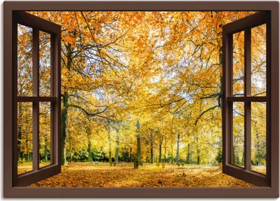 Produktbild von ARTland Leinwandbild Fensterblick - Herbstwald Panorama Größe: 100x70 cm