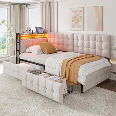 A bedroom scene featuring a daybed with storage drawers and LED lighting.