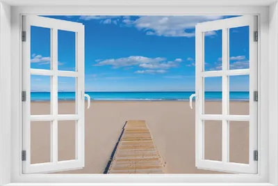 Produktbild von Wallario selbstklebendes Poster mit Fenster-Illusion - Auf dem Holzweg zum blauen Meer, Größe: 100 x 150 cm