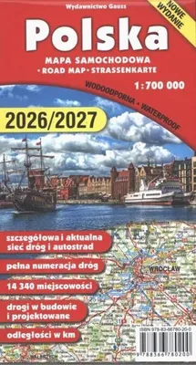 Image de Pologne 1:700 000. Carte routière laminée. Édition 2025/2026. Gauss