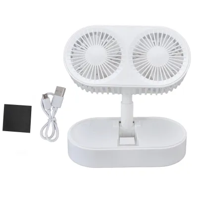 Obrázok produktu pre Dvojitý stolový ventilátor s motorom - nastaviteľný v uhle 135°, 3 rýchlosti, tichý, prenosný pre kanceláriu a domácnosť - biely