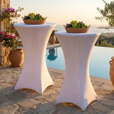 Image de Eikuavons : 2 housses extensibles pour table haute, blanches, Ø 60 × 110 cm – Housses élastiques pour tables de bistrot, idéales pour les événements et les fêtes