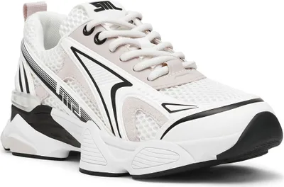 A studio shot of a single white sneaker with black and gray accents.
