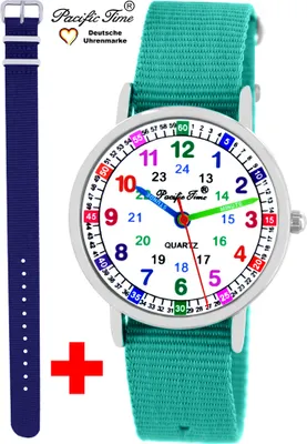 Produktbild von Kinder Armbanduhr Mädchen Jungs Lernuhr Uhrzeit lernen 2 Armband türkis + blau