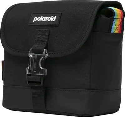 A black Polaroid camera bag with a rainbow-colored strap detail.