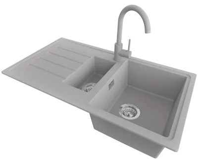 Produktbild von PRIMAGRAN Granitspüle Grau 90x50cm, Spülbecken 1,5 Becken + Küchenarmatur 32x20cm + Ablauf-Set, Küchenspüle ab 60er Unterschrank - Kopenhagen Duo