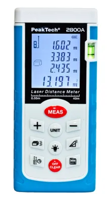 Produktbild von PeakTech P 2800 A – Laser Entfernungsmessgerät 0,05–40 m, Digitaler Distanzmesser mit Flächen, Volumen & Pythagoras-Funktion