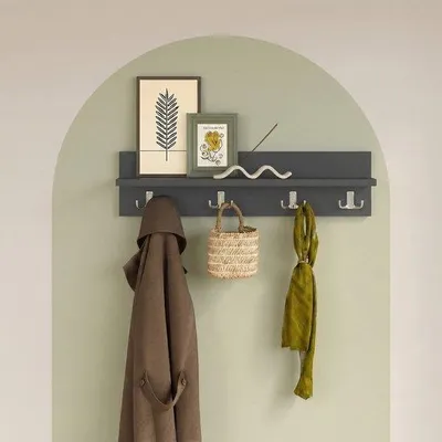 Produktbild von LUNOR Wandgarderobe Leon mit Ablage 8 Haken Holzoptik Anthrazit 60 cm