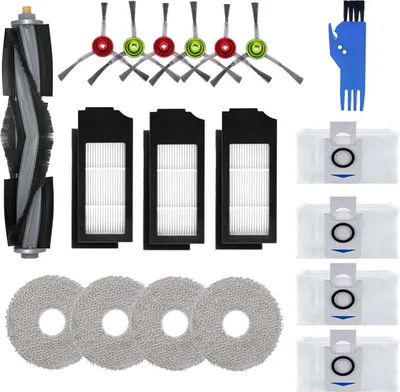 A collection of robot vacuum cleaner replacement parts laid out on a white background.