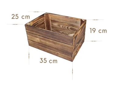 A wooden storage box with dimensions indicated by text overlays.