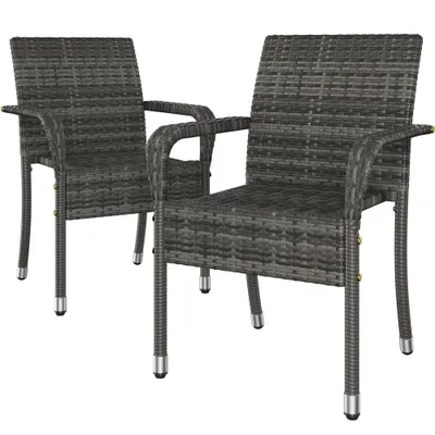 Two grey rattan garden chairs are shown against a white background.