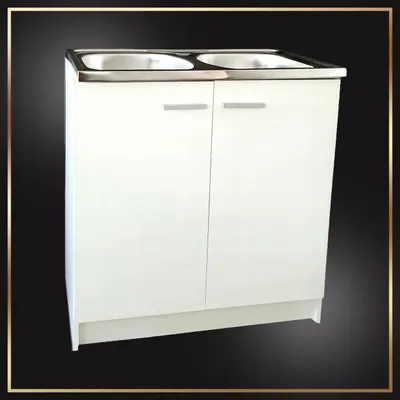 A white kitchen sink cabinet with two basins and two doors, presented against a black background with a decorative border.