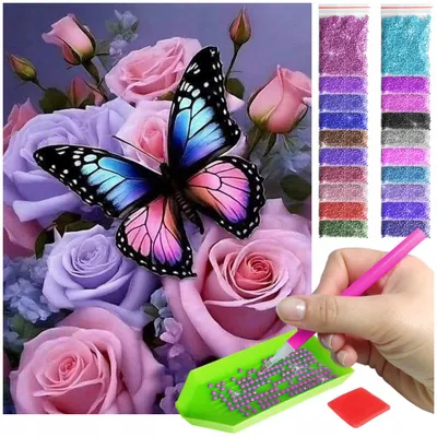 Produktbild von ARTULIO Diamond Painting Set - Wunderschöner Schmetterling auf rosa Rosenmotiv - 30 x 40 cm - 5D Crystal Art, Bilder DIY