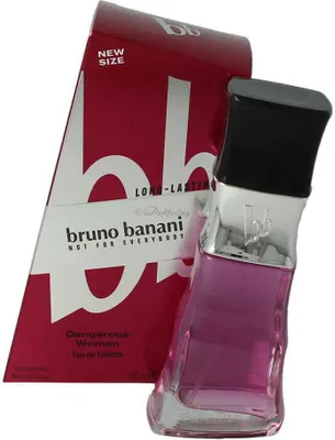 A bottle of Bruno Banani Dangerous Woman Eau de Toilette and its packaging are displayed against a white background.