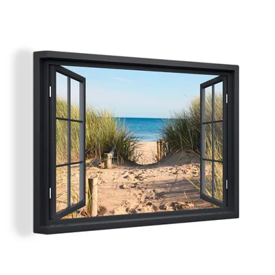 Produktbild von OneMillionCanvasses® - Leinwandbilder - 150x100 cm, Durchblick - Strand - Meer - Sand - Wasser - Strandhafer - Dünen, - Geöffnetes Fenster - Fensterblick Schlafzimmer Kunstdruck Wanddekoration - Foto auf Leinwand -