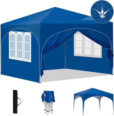 A collage of images showing a blue pop-up gazebo, its folded form, and a carrying bag.