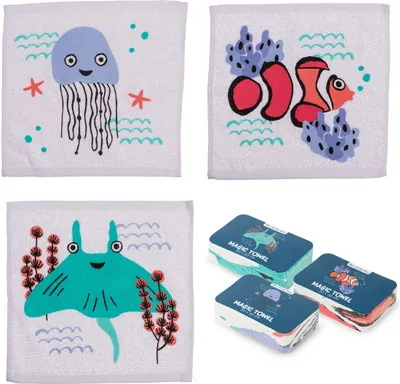 Produktbild von Meerestiere Zauberhandtuch Set für Kinder - 3-teilig, 30x30 cm, aus Baumwolle - Magische Handtücher für Mädchen & Jungen - kleine Handtücher