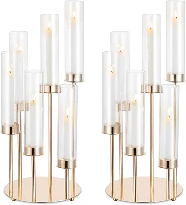 Productafbeelding van Gouden kandelaar houders orkaan - 60cm tall 2 stuks taper kaarshouder helder cilinder glas 6 armen candelabra metalen