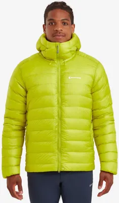 Herrenjacke "Alpine 850 Hoodie" von Montane in leuchtendem Grün; mit hohem Kragen und Reißverschluss.