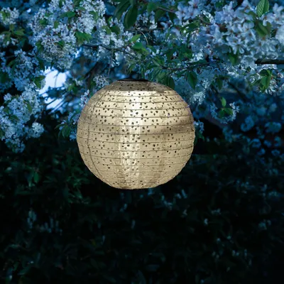 Produktbild von LED Solar Lampion - mit Blumenmuster - warmweiße LED - H: 25cm - D: 25cm - Lichtsensor - beige