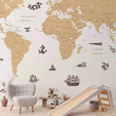 Produktbild von Vlies Fototapete - Sea Wolf Map - Countries With Pirate Illustrations 100x70 cm Für Kinder e-C-10075-a-a