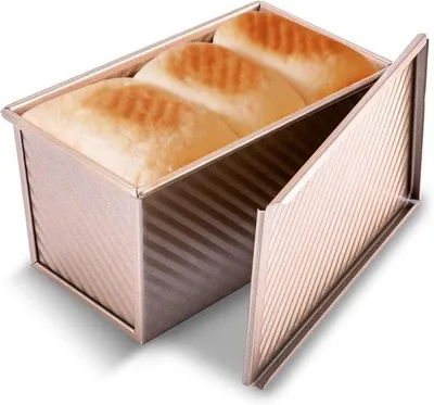 Produktbild von Kohlenstoff-Toastbrotform mit Deckel, 1 Pfund Teigkapazität, antistick Backform für das Backen von Brot, gewellt kohlenstoffstahl Brottoastform mit Deckel für das Backen von Brot, goldfarben