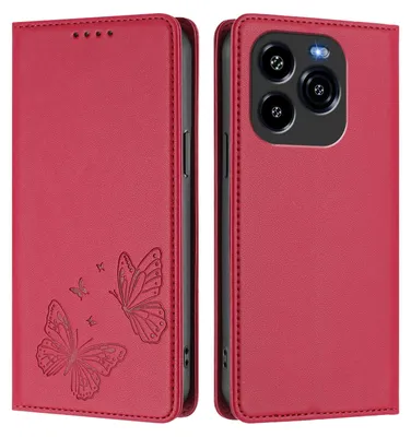Produktbild von Lederhülle für Oukitel C65 / C65 Pro, Schmetterling Prägung Leder Brieftasche Schutzhülle mit Ständer Rot