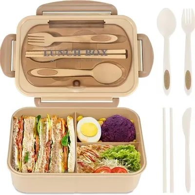 Zdjęcie produktu dla Pudełko na lunch Bento 1000 ml, szczelne, bez BPA, 3 przegródki, do biura i szkoły, w zestawie sztućce, można używać w kuchence mikrofalowej i myć w zmywarce, kolor beżowy