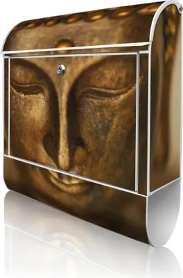 Produktbild von banjado Design Briefkasten Stahl weiß mit Zeitungsfach pulverbeschichtet "Buddha Gold" 38x46x12,5cm & 2 Schlüssel - Postkasten A4 Einwurf inkl. Montagematerial [BKW 10087]