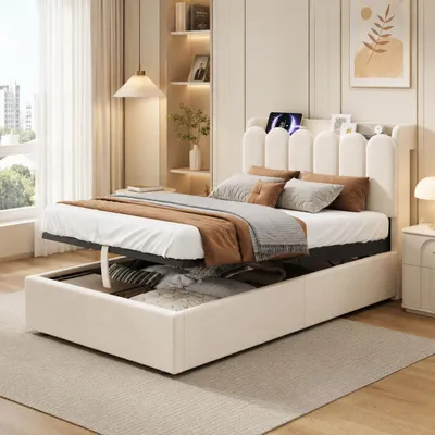Produktbild von Flieks Hydraulisches Polsterbett 90x200cm mit Usb & Type-c, Jugendbett Einzelbett mit Nachtlicht, Stauraumbett Kinderbett mit Lattenrost, Samt, Beige
