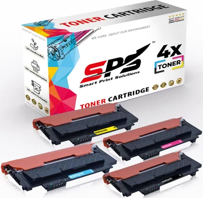 A box of toner cartridges with four toner cartridges displayed in front of it.
