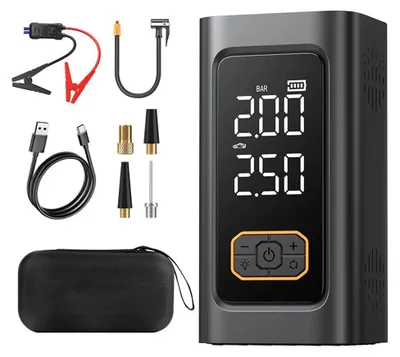 Obrázek produktu pro Powerbanka pro nastartování auta – startovací zařízení s kompresorem – digitální hustilka pneumatik 150 psi / 10,3 bar – startér na 12 V – přenosná hustilka – černá