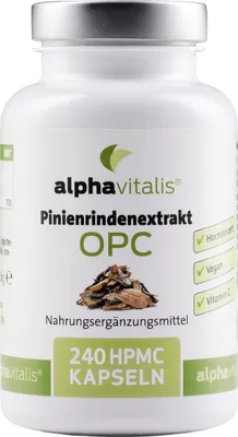 Produktbild von Alphavitalis Pinienrinden Extrakt mit OPC + natürliches Vitamin C |  240 Kapseln | ohne Magnesiumstearat | hochdosiert | vegan