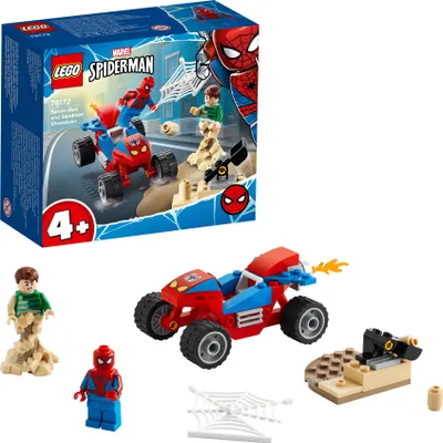 A LEGO Super Heroes Spider-Man and Sandman duel playset, including a vehicle, figures, and accessories, displayed alongside its packaging.