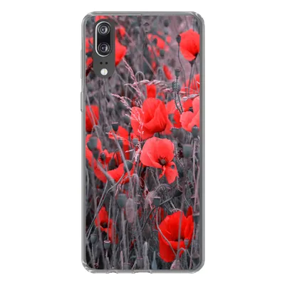 Produktbild von MuchoWow® Handyhülle Schutzhülle Hülle für Huawei P20 Rote Mohnblumen in einem Schwarz-Weiß-Bild Silikon Softcase Handy Hülle - Hardcover