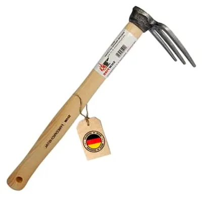 Produktbild von Handhacke: 3-Zinken Gartenhacke mit Eschenholzstiel - 40 cm kurz - geschmiedet