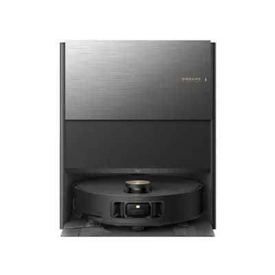 A Dreame Aqua10 Roller vacuum robot is docked in its charging and cleaning station.
