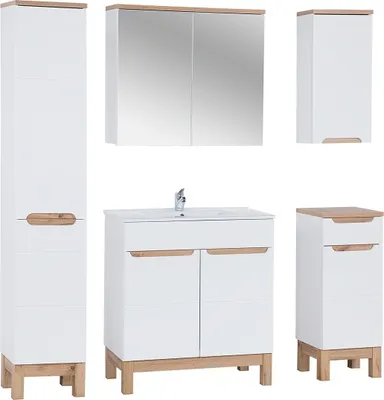 Produktbild von Badmöbel Set 5-tlg Badezimmerset DEVI Weiss HGL inkl.Waschtisch 80 cm