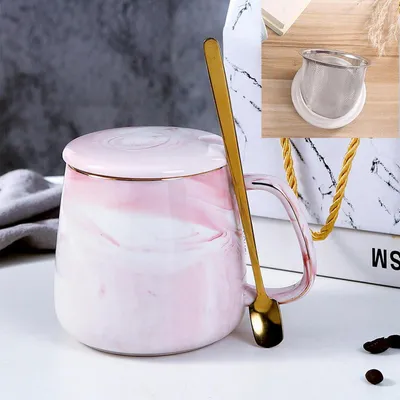 Image de Tasse avec couvercle et filtre, 400 ml, motif marbré, rose, en céramique