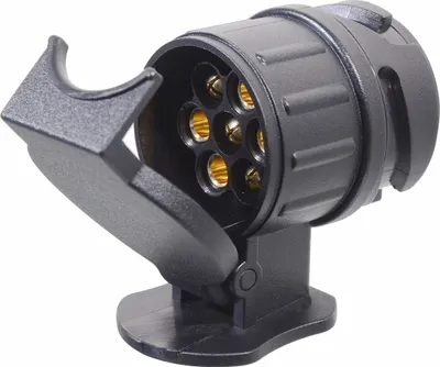 A black trailer hitch adapter with gold connectors is shown against a white background.