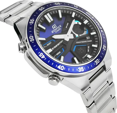 A close-up, angled shot of a Casio Edifice watch with a blue dial and silver metal band, set against a white background.