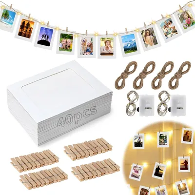 Produktbild von Fotogirlande 40 Stück, 10x15 cm, weiße Papier Bilderrahmen mit Holzklammern, für Hochzeit